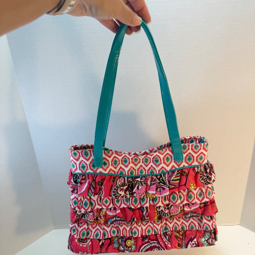 Vera Bradley Ruffle Cha Cha Purse Tote Bag Call Me Coral Fabric Tealโ Handle